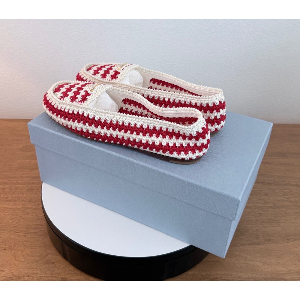 Prada Red White Crochet Loafers Enameled Triangle Logo Flats 1D496N Womens 37 - Picture 2 of 11